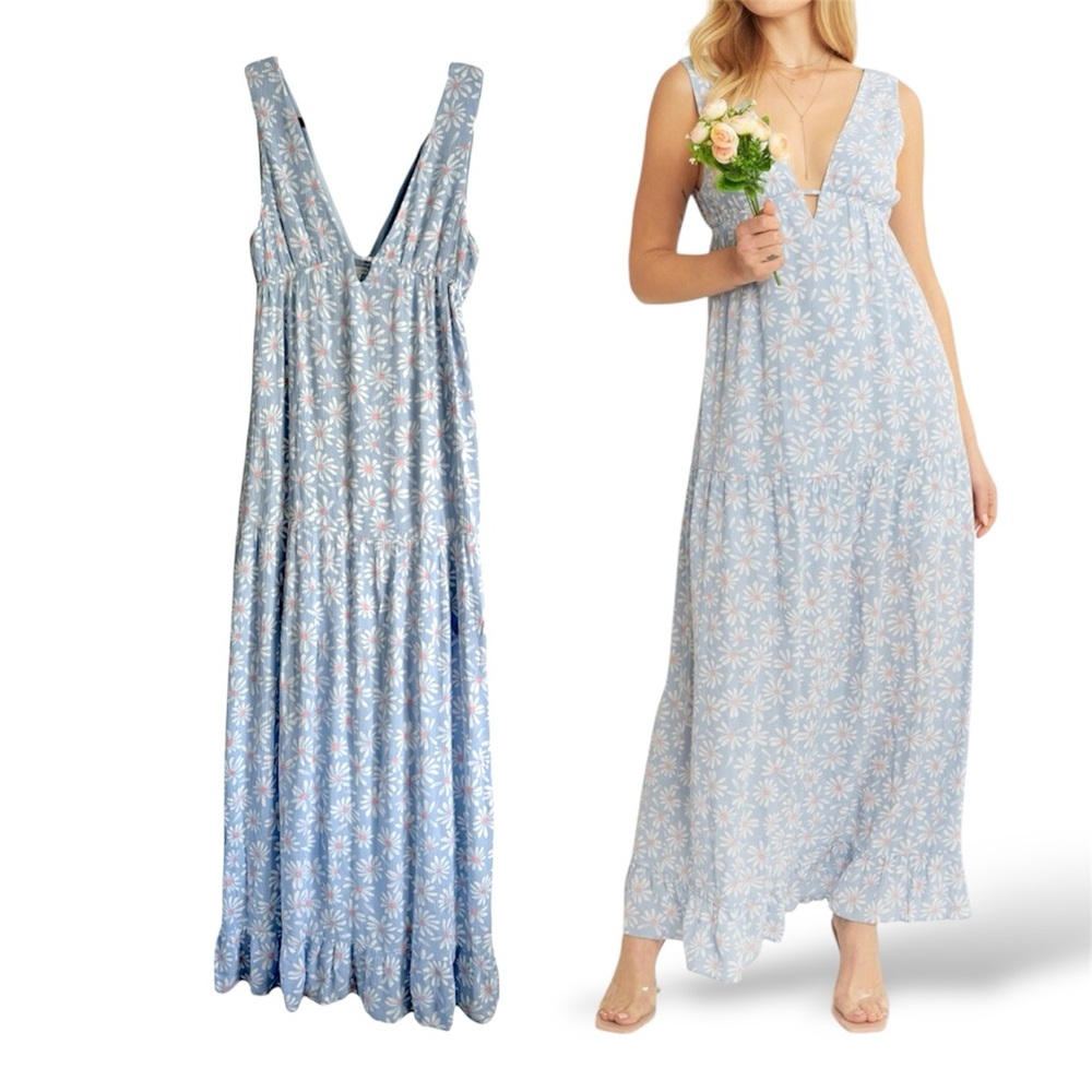 Daisy Empire Waist Blue Summer Maxi Dress  Sundress - Size Small